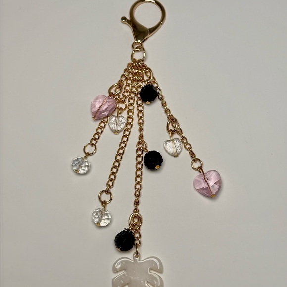 Gold Leaf Heart Beaded Key Chain Pink Black Acrylic Accent for Women - Picture 3 of 8